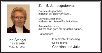 Todesanzeige von Ida Stengel von MZV