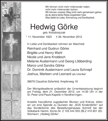 Todesanzeige von Hedwig Görke von MZV