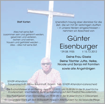 Todesanzeige von Günter Eisenburger von MZV