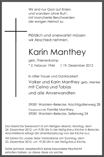 Todesanzeige von Karin Manthey von MZV
