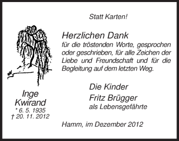 Todesanzeige von Inge Kwirand von MZV