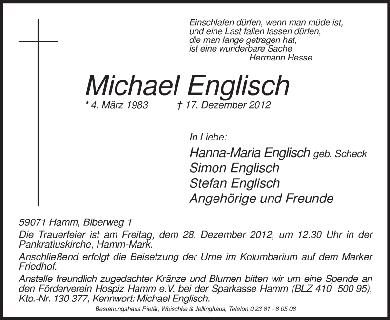  Traueranzeige für Michael Englisch vom 22.12.2012 aus MZV