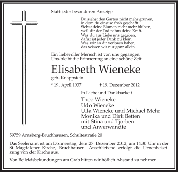 Todesanzeige von Elisabeth Wieneke von MZV