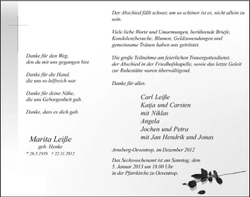 Todesanzeige von Marita Leiße von MZV