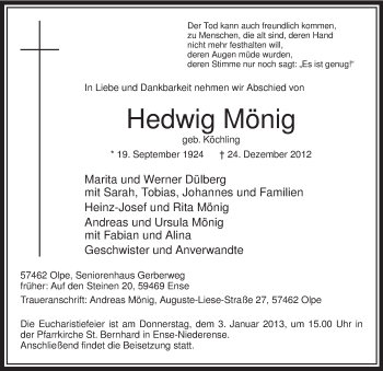 Todesanzeige von Hedwig Mönig von MZV