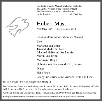 Todesanzeige von Hubert Mast von MZV