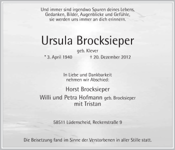 Todesanzeige von Ursula Brocksieper von MZV
