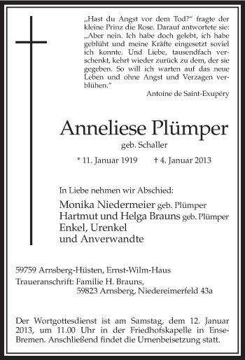 Todesanzeige von Anneliese Plümper von MZV
