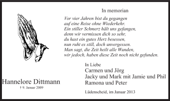 Todesanzeige von Hannelore Dittmann von MZV