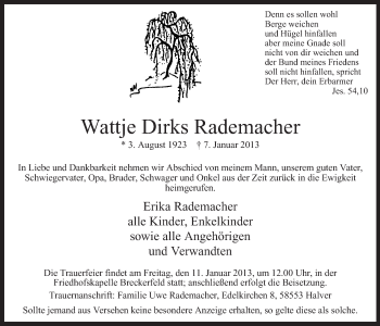 Todesanzeige von Wattje Dirks Rademacher von MZV
