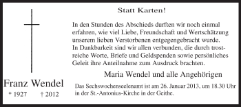 Todesanzeige von Franz Wendel von MZV