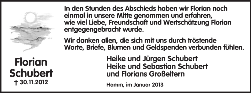  Traueranzeige für Florian Schubert vom 12.01.2013 aus MZV