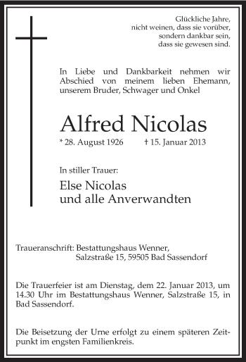 Todesanzeige von Alfred Nicolas von MZV