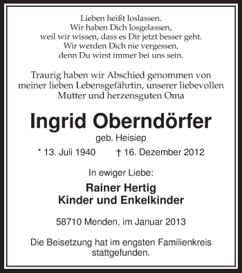 Todesanzeige von Ingrid Oberndörfer von MZV