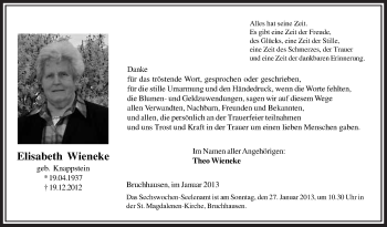 Todesanzeige von Elisabeth Wieneke von MZV