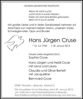 Todesanzeige von Hans Jürgen Cruse von MZV
