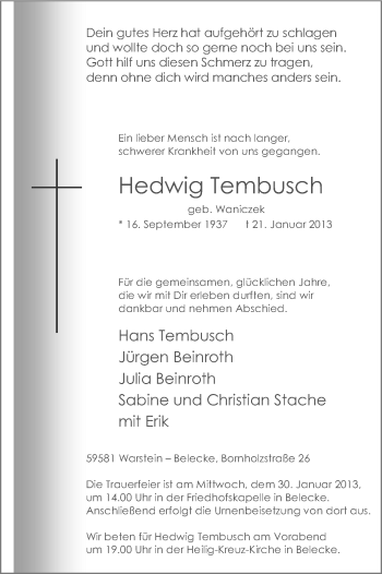 Todesanzeige von Hedwig Tembusch von MZV