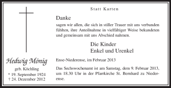 Todesanzeige von Hedwig Mönig von MZV