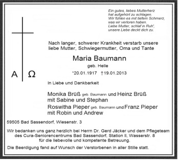 Todesanzeige von Maria Baumann von MZV