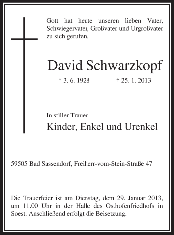 Todesanzeige von David Schwarzkopf von MZV
