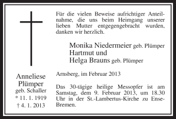 Todesanzeige von Anneliese Plümper von MZV