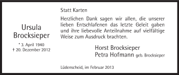 Todesanzeige von Ursula Brocksieper von MZV