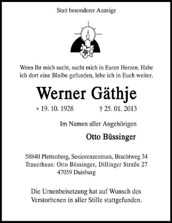 Todesanzeige von Werner Gäthje von MZV