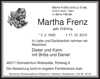 Todesanzeige von Martha Frenz von MZV