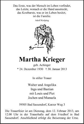 Todesanzeige von Martha Krieger von MZV