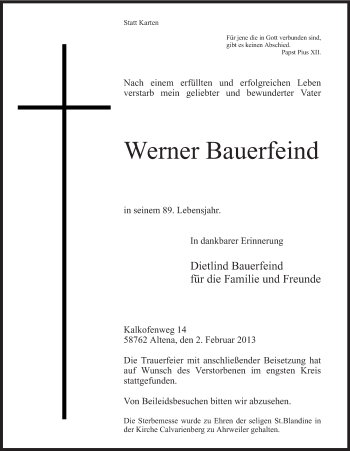 Todesanzeige von Werner Bauerfeind von MZV
