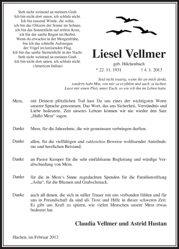 Todesanzeige von Liesel Vellmer von MZV