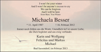 Todesanzeige von Michaela Besser von MZV