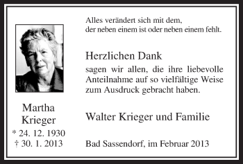 Todesanzeige von Martha Krieger von MZV