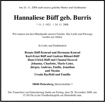 Todesanzeige von Hannaliese Büff von WESTFÄLISCHER ANZEIGER