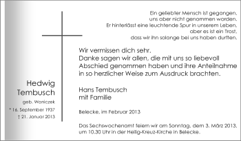 Todesanzeige von Hedwig Tembusch von MZV
