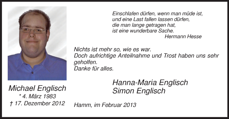  Traueranzeige für Michael Englisch vom 23.02.2013 aus MZV