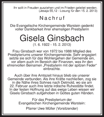 Todesanzeige von Gisela Ginsbach von MZV