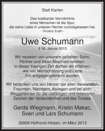 Todesanzeige von Uwe Schumann von MZV