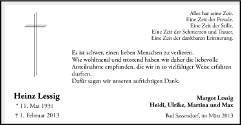 Todesanzeige von Heinz Lessig von MZV