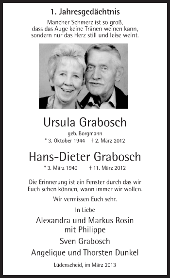 Todesanzeige von Ursula und Hans-Dieter Grabosch von MZV