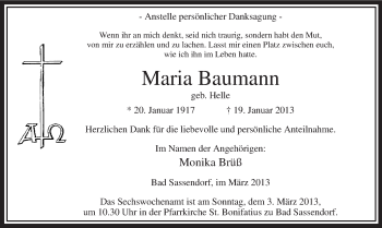 Todesanzeige von Maria Baumann von MZV