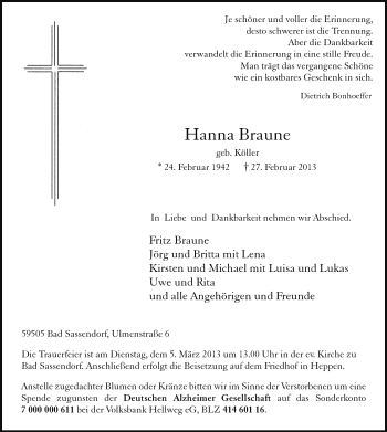 Todesanzeige von Hanna Braune von MZV