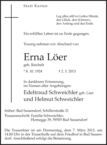 Todesanzeige von Erna Löer von MZV