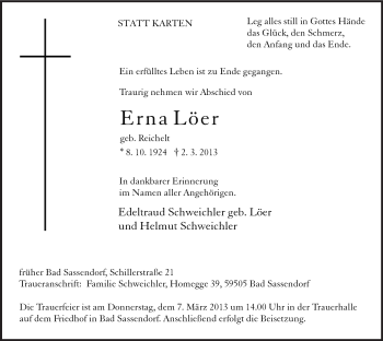 Todesanzeige von Erna Löer von MZV