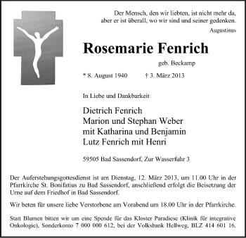 Todesanzeige von Rosemarie Fenrich von MZV