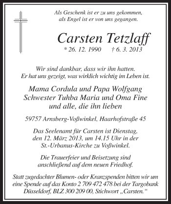 Todesanzeige von Carsten Tetzlaff von MZV