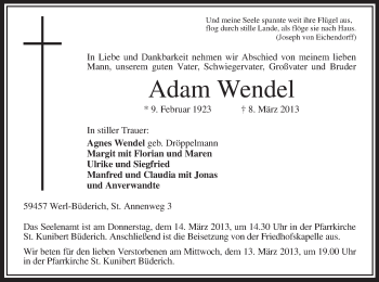 Todesanzeige von Adam Wendel von MZV