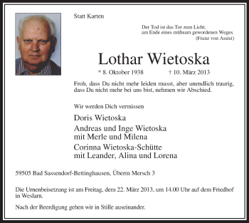 Todesanzeige von Lothar Wietoska von MZV