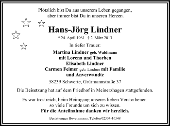 Todesanzeige von Hans-Jörg Lindner von MZV
