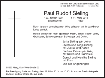 Todesanzeige von Paul Rudolf Sieling von MZV